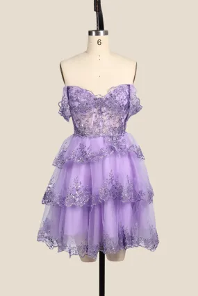 Off the Shoulder Lavender Sequin Tiered Short Dress