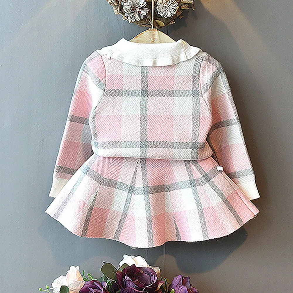 Pink Plaid Peter Pan collar  2 pcs sweatshirt & Skirt Winterwear set for Girls