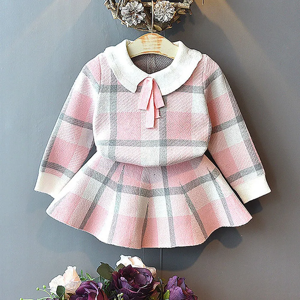 Pink Plaid Peter Pan collar  2 pcs sweatshirt & Skirt Winterwear set for Girls