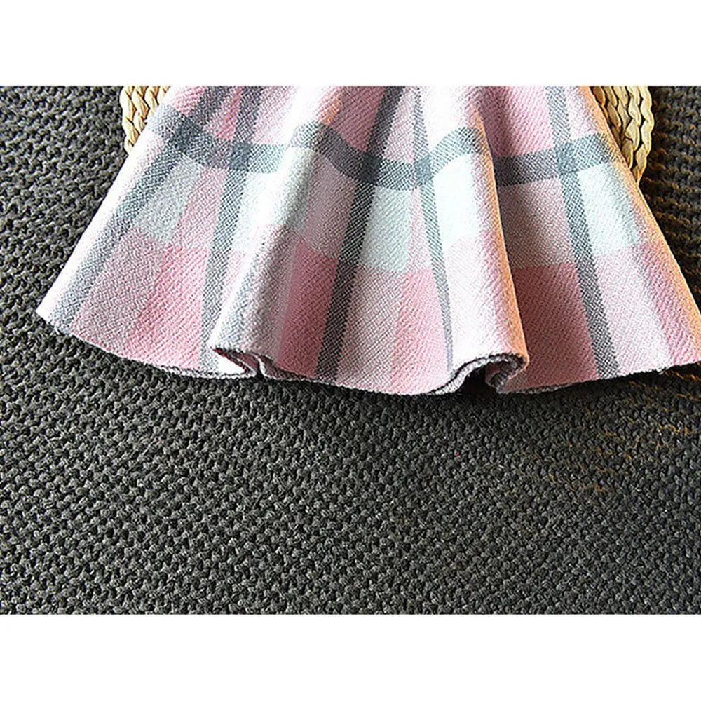 Pink Plaid Peter Pan collar  2 pcs sweatshirt & Skirt Winterwear set for Girls