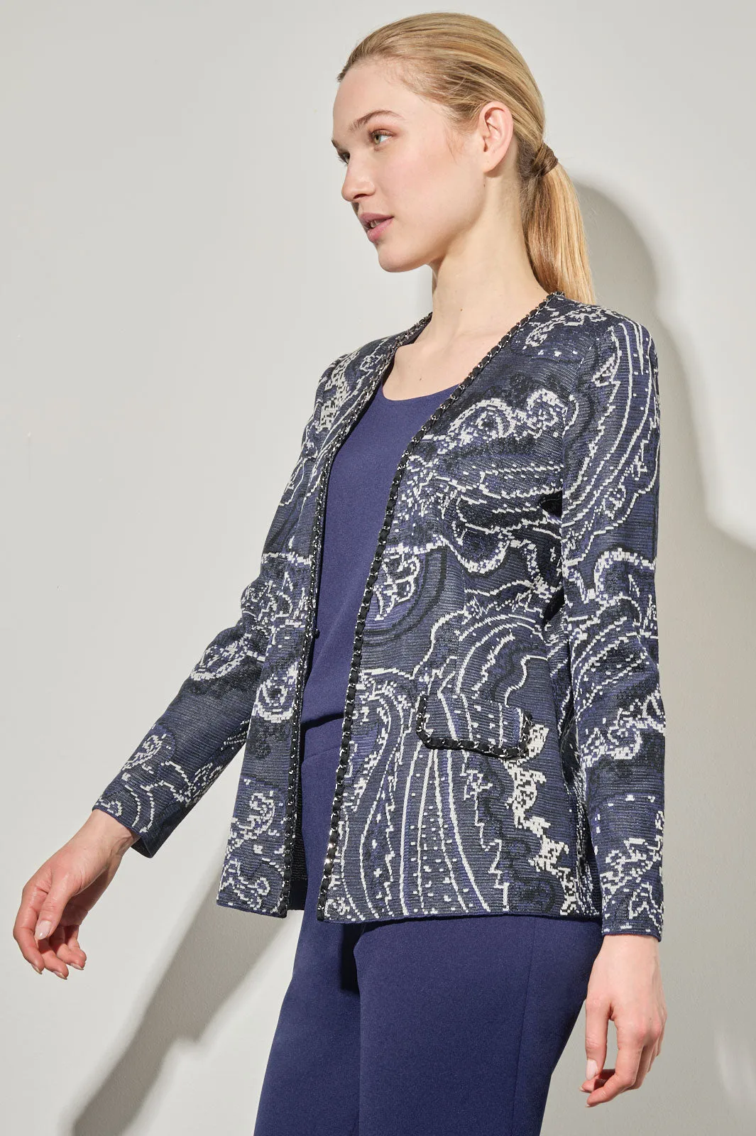 Plus Size Paisley Knit Braided Chain Trim Jacket