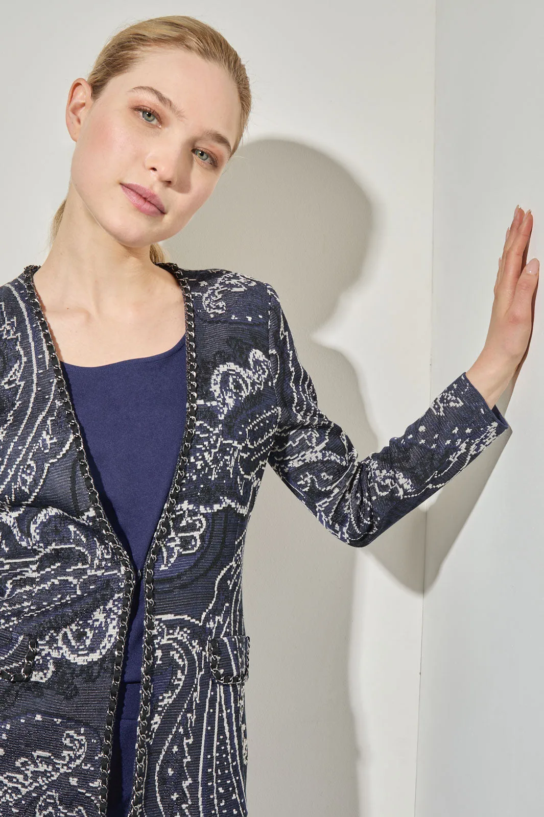 Plus Size Paisley Knit Braided Chain Trim Jacket