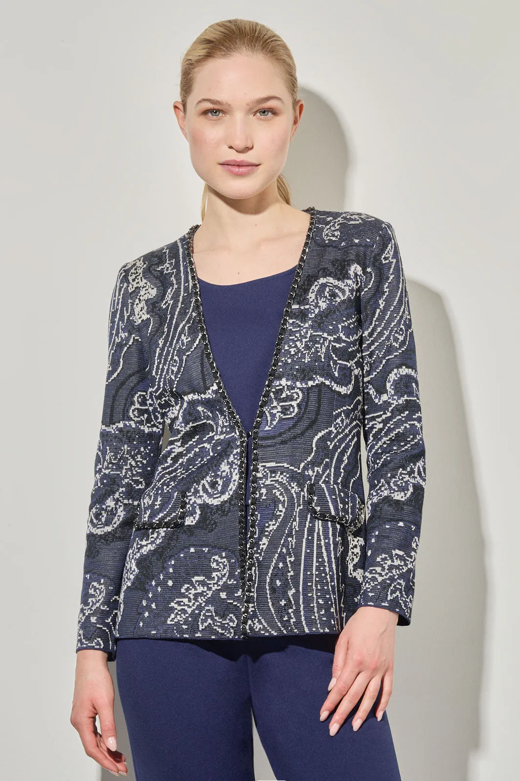 Plus Size Paisley Knit Braided Chain Trim Jacket