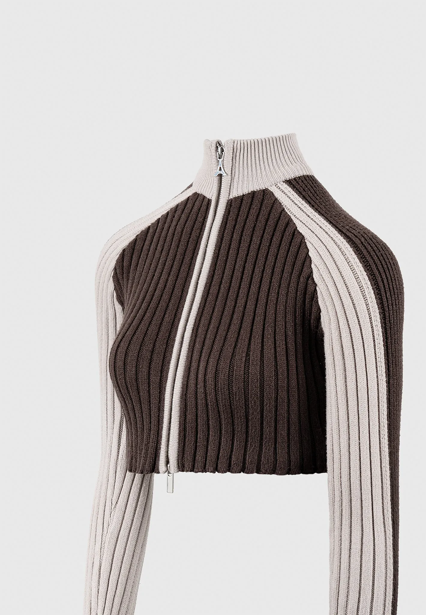 Rib Knit Track Jacket - Brown/Beige