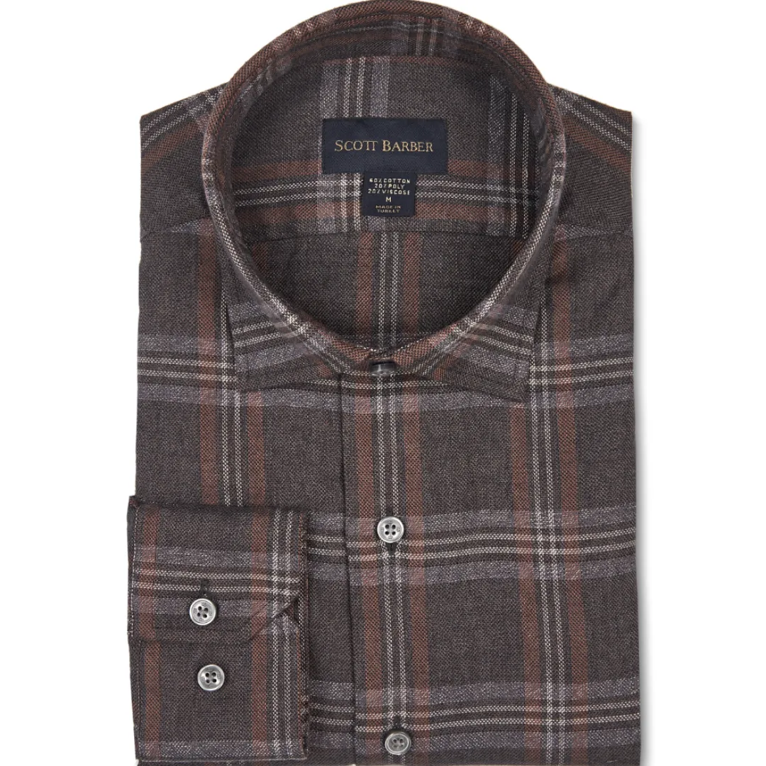 Scott Barber Cotton/Viscose Flannel Textured Plaid - Coffee