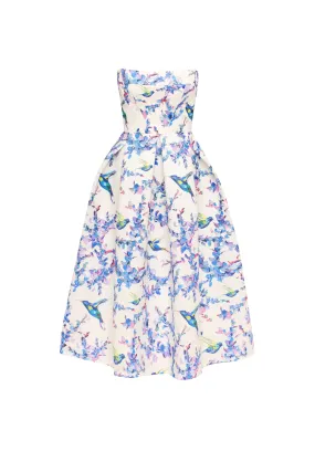 Strapless midi dress with bird and flower print, Garden of Eden