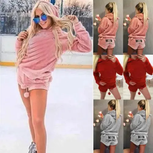 Winter New Women's Flannel Pajamas Set – Cute Bear Hooded Pajamas, Warm Coral Fleece Sleepwear, Hoodie   Short Tow 2-Piece Suit