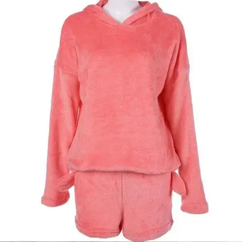 Winter New Women's Flannel Pajamas Set – Cute Bear Hooded Pajamas, Warm Coral Fleece Sleepwear, Hoodie   Short Tow 2-Piece Suit