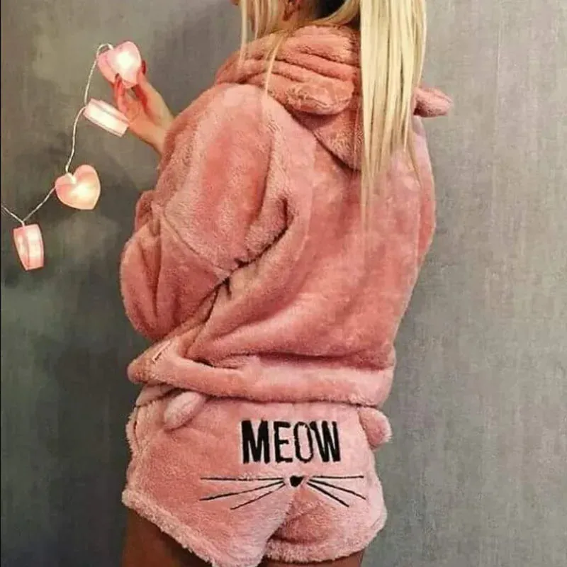 Winter New Women's Flannel Pajamas Set – Cute Bear Hooded Pajamas, Warm Coral Fleece Sleepwear, Hoodie   Short Tow 2-Piece Suit