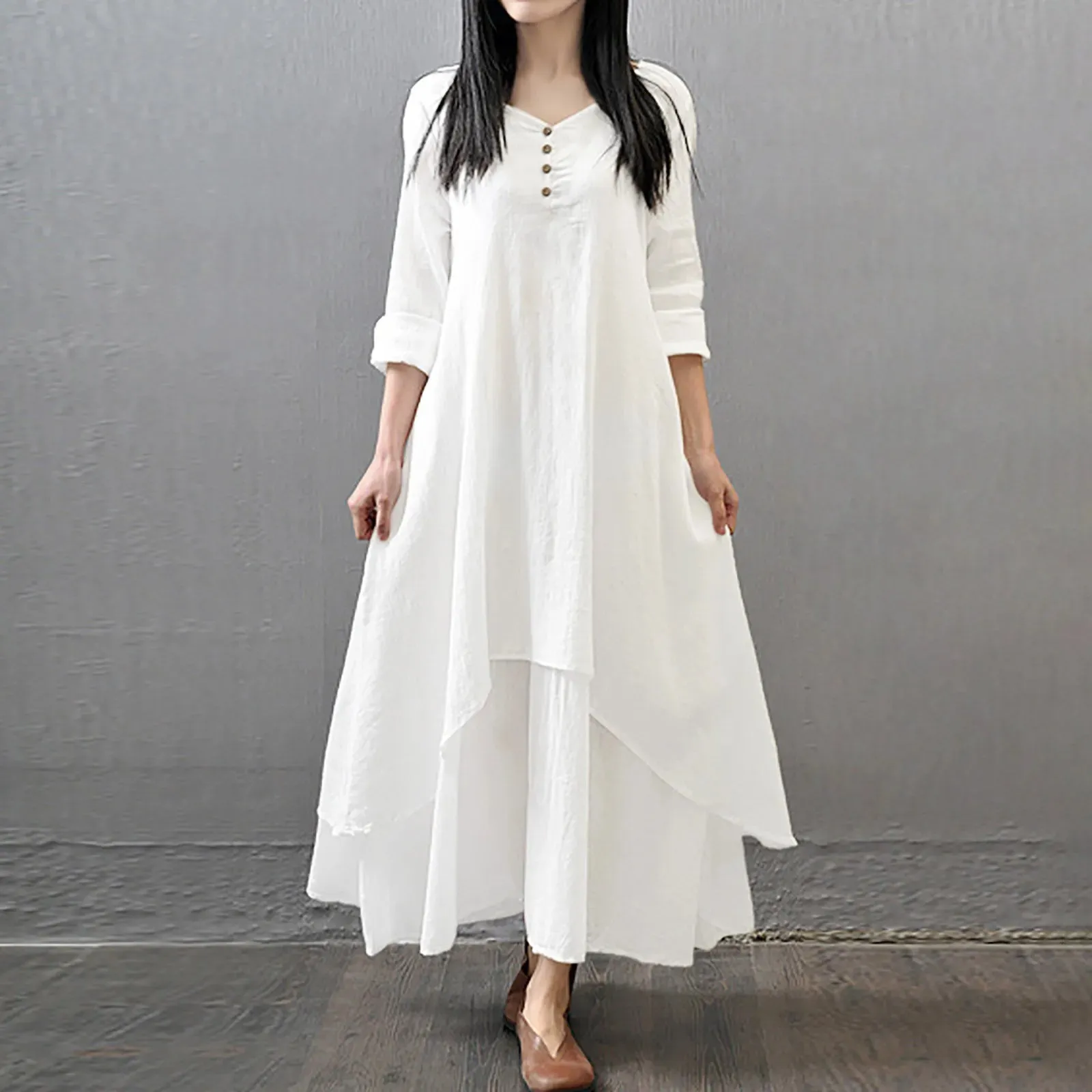 Women Cotton Linen Chic Maxi Dresses Elegant Bohemia Layered Vintage Robe Long Sleeve Loose Dress O Neck Casual White Vestidos