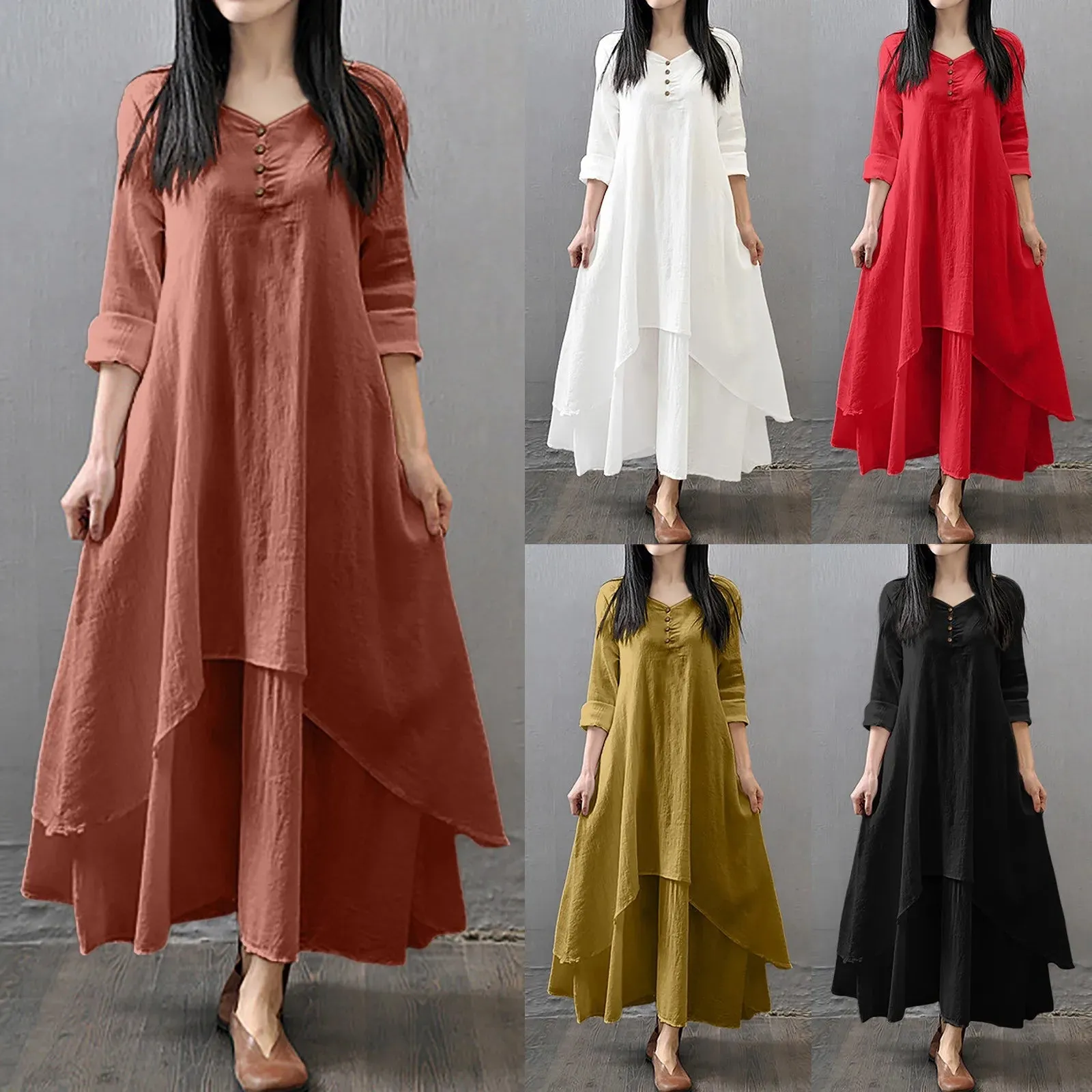 Women Cotton Linen Chic Maxi Dresses Elegant Bohemia Layered Vintage Robe Long Sleeve Loose Dress O Neck Casual White Vestidos