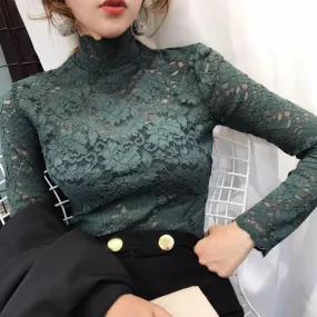 Women Long Sleeve Lace Blouses High Collar Inner Wear Lace Crochet Shirt Base Tunic Top Perspective Vintage Bottom Blouse