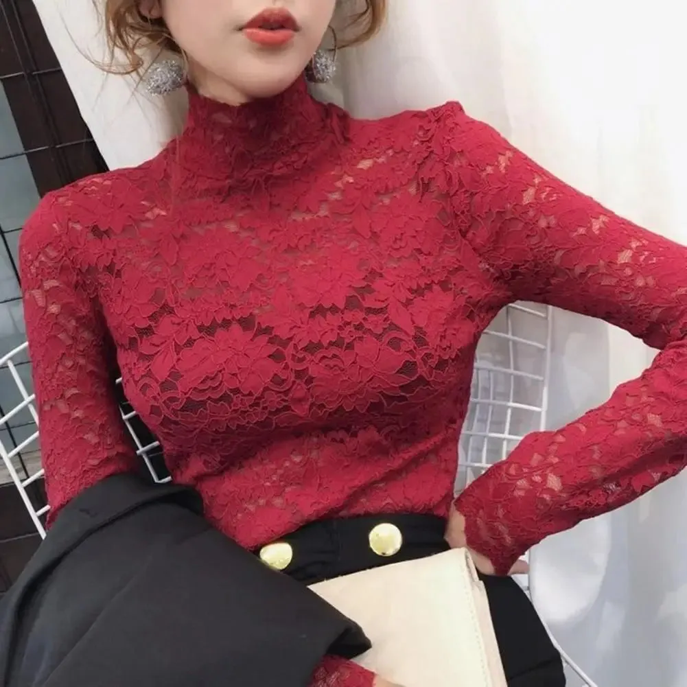 Women Long Sleeve Lace Blouses High Collar Inner Wear Lace Crochet Shirt Base Tunic Top Perspective Vintage Bottom Blouse