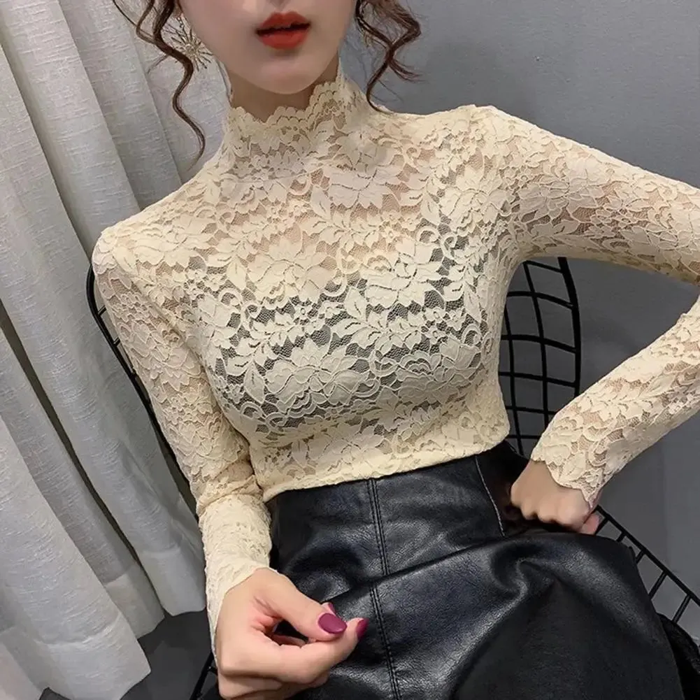 Women Long Sleeve Lace Blouses High Collar Inner Wear Lace Crochet Shirt Base Tunic Top Perspective Vintage Bottom Blouse