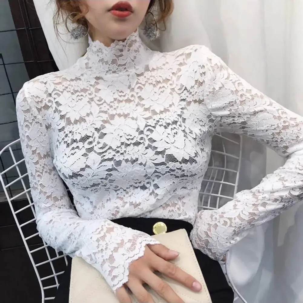 Women Long Sleeve Lace Blouses High Collar Inner Wear Lace Crochet Shirt Base Tunic Top Perspective Vintage Bottom Blouse