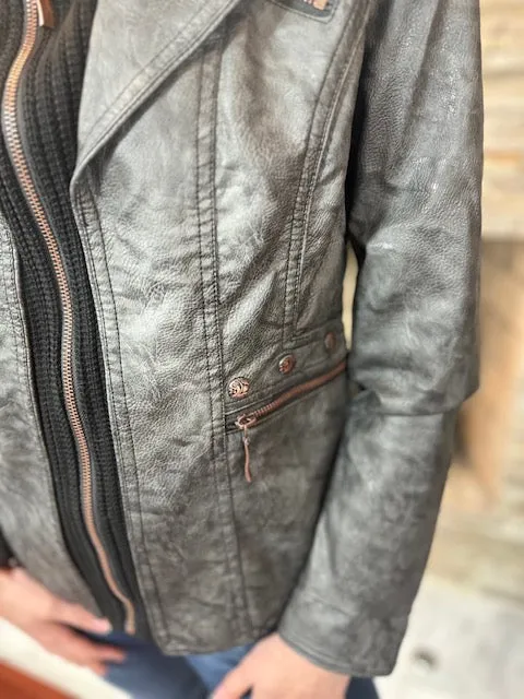 Women's Faux leather Jacket-BF1701-CHAR/BLK